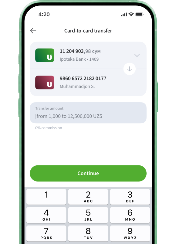 Sending a transfer in the app