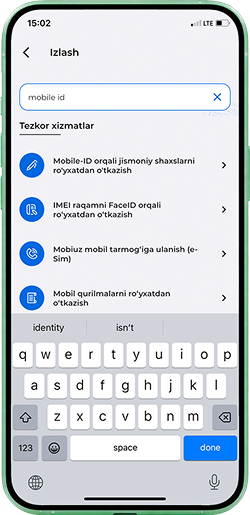<a href='https://my.gov.uz/uz/service/639'>“Mobile-ID orqali jismoniy shaxslarni ro‘yxatdan o‘tkazish”</a> xizmatini tanlang va “Xizmatni olish” tugmasini bosing