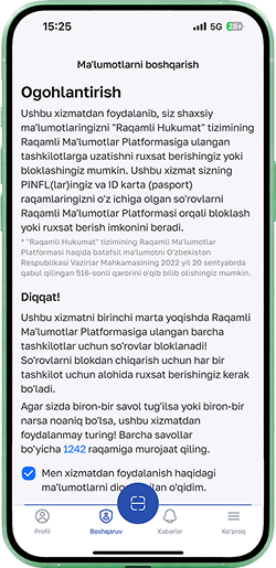 “Boshqaruv” bo‘limida shartlarni qabul qiling va faollashtirish tugmasini bosing